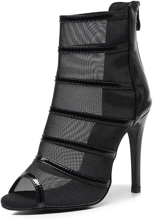 HIPPOSEUS Women's Peep Toe Heel Dance Boots Breathable Mesh Ballroom Dance Boots with Zipper