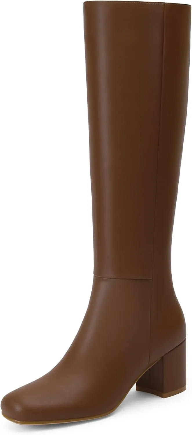 iiimmu Knee High Boots for Women Round Toe Boots 2.5 IN Chunky Heel Zipper Knee High Boots Dress Fashion Trendy High Heel Boots