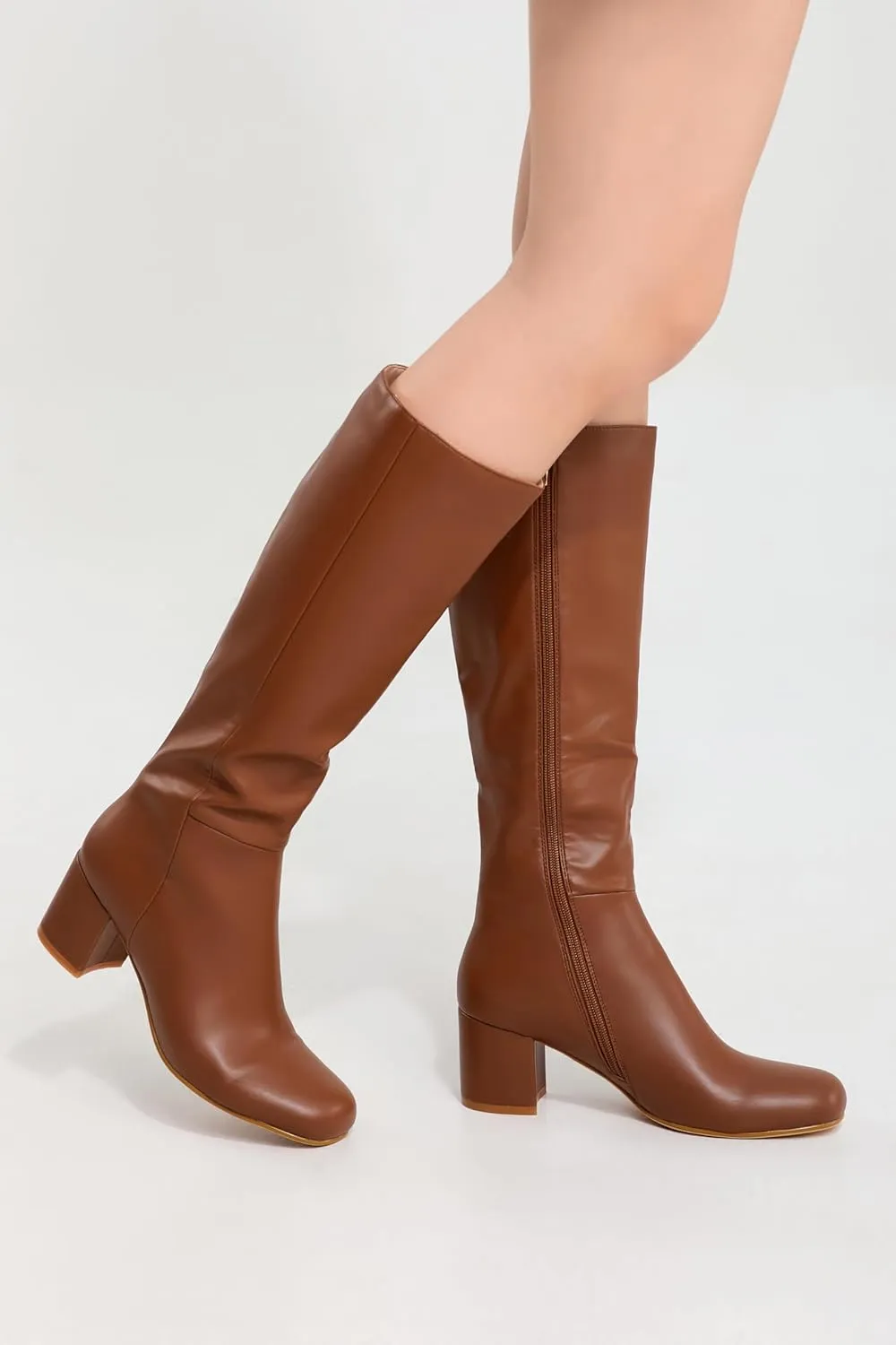 iiimmu Knee High Boots for Women Round Toe Boots 2.5 IN Chunky Heel Zipper Knee High Boots Dress Fashion Trendy High Heel Boots