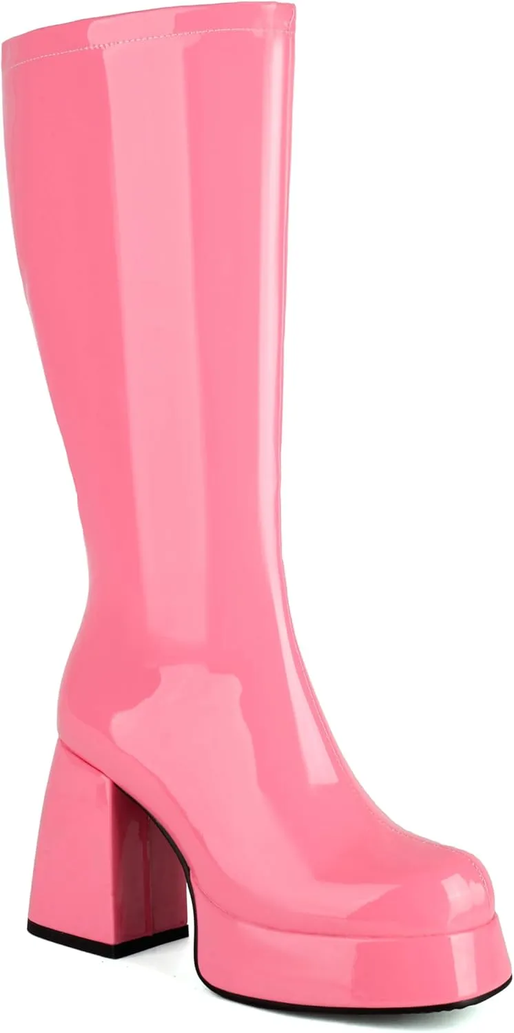 Knee High Boots for Women - Gogo Boots for Women with Platform Chunky Heel Side Zipper Square Toe Large Size Tall Boots