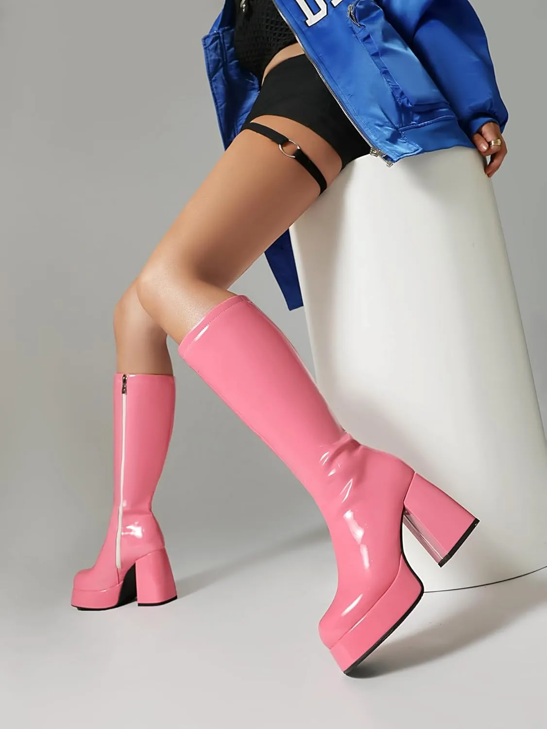 Knee High Boots for Women - Gogo Boots for Women with Platform Chunky Heel Side Zipper Square Toe Large Size Tall Boots