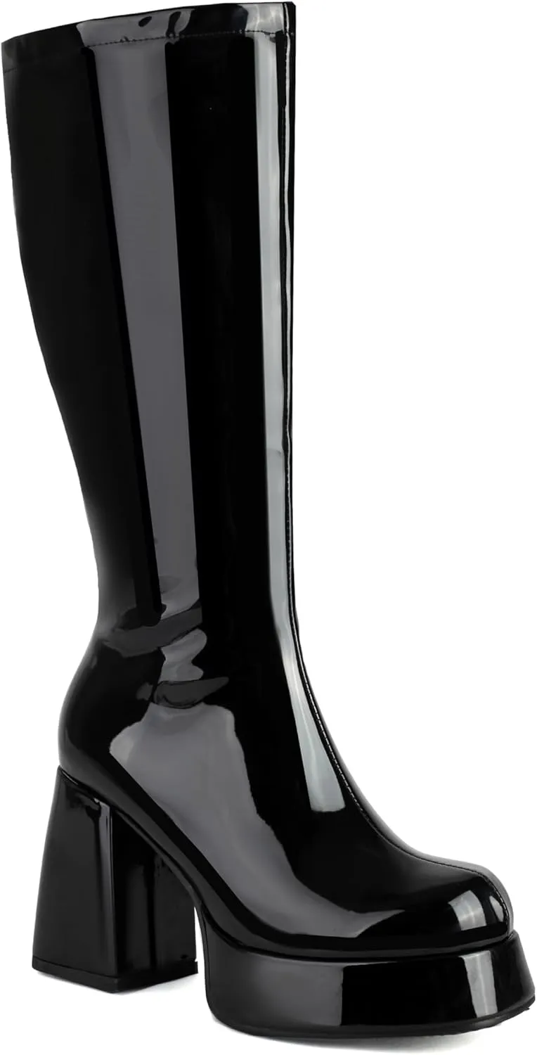 Knee High Boots for Women - Gogo Boots for Women with Platform Chunky Heel Side Zipper Square Toe Large Size Tall Boots
