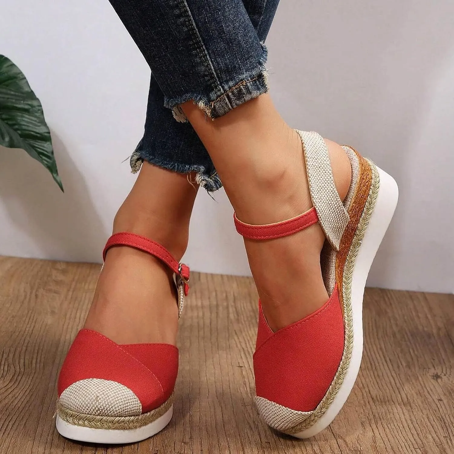 Kubbon Closed Toe Sandals Women Elastic Ankle Strap Espadrills Casual Platform Wedge Sandals Slip On Summer Sandles Outdoor Walking Shoes
