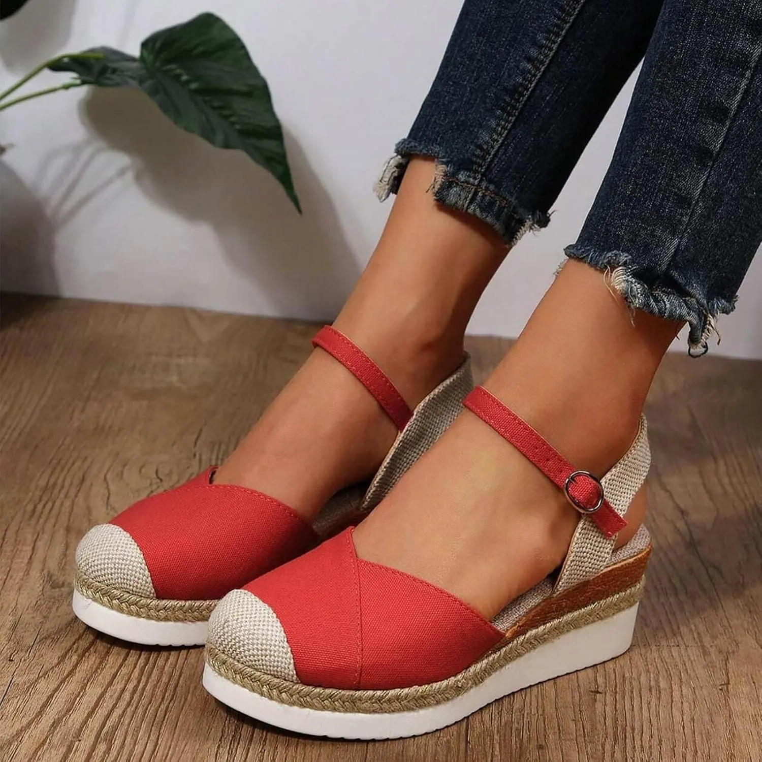 Kubbon Closed Toe Sandals Women Elastic Ankle Strap Espadrills Casual Platform Wedge Sandals Slip On Summer Sandles Outdoor Walking Shoes
