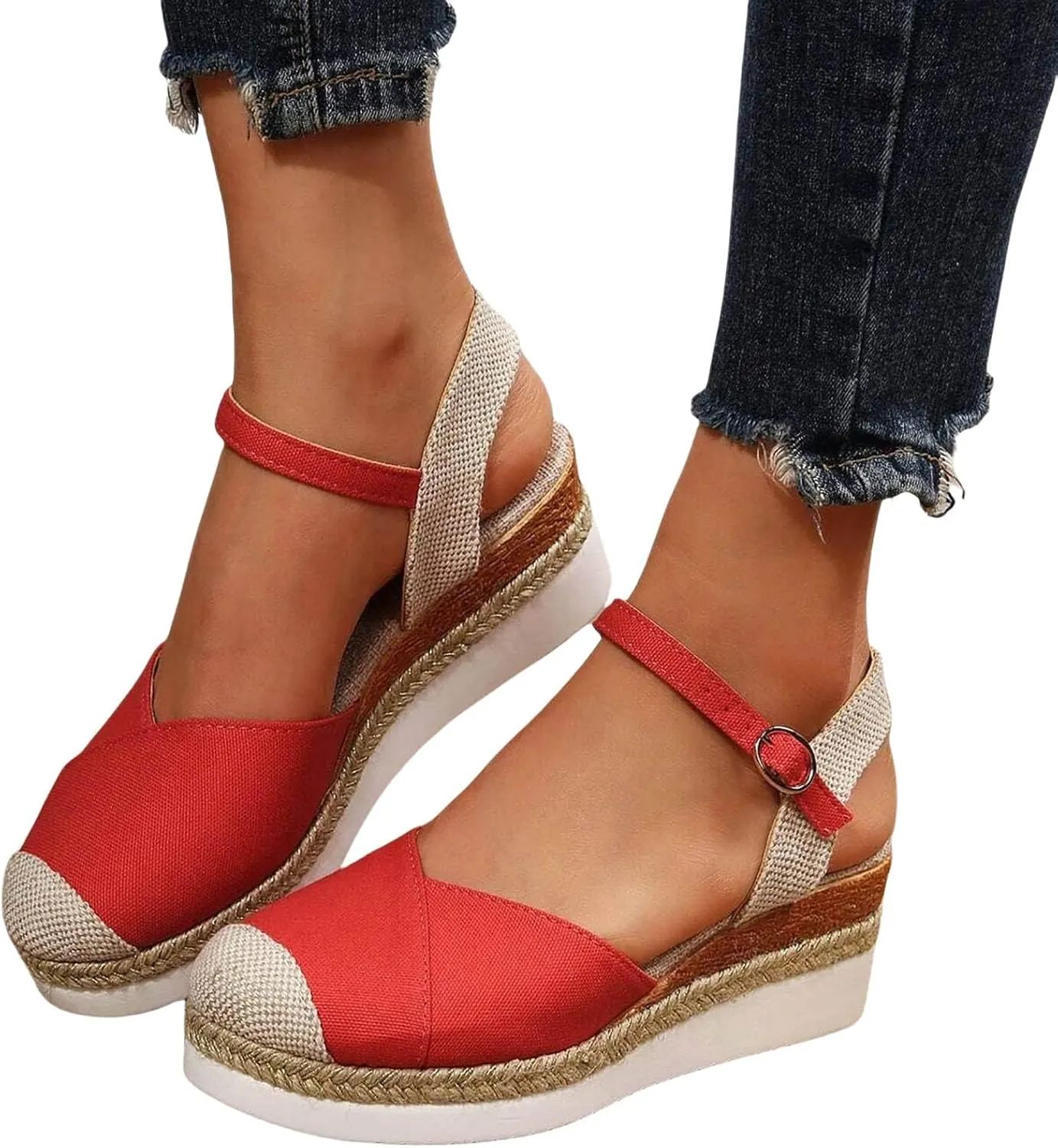 Kubbon Closed Toe Sandals Women Elastic Ankle Strap Espadrills Casual Platform Wedge Sandals Slip On Summer Sandles Outdoor Walking Shoes