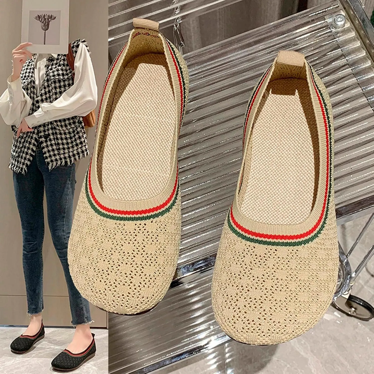 Ladies Fashion Breathable Mesh Knitted Round Toe Flat Sole Comfortable Casual Shoes Mens Dress Shoe Casual