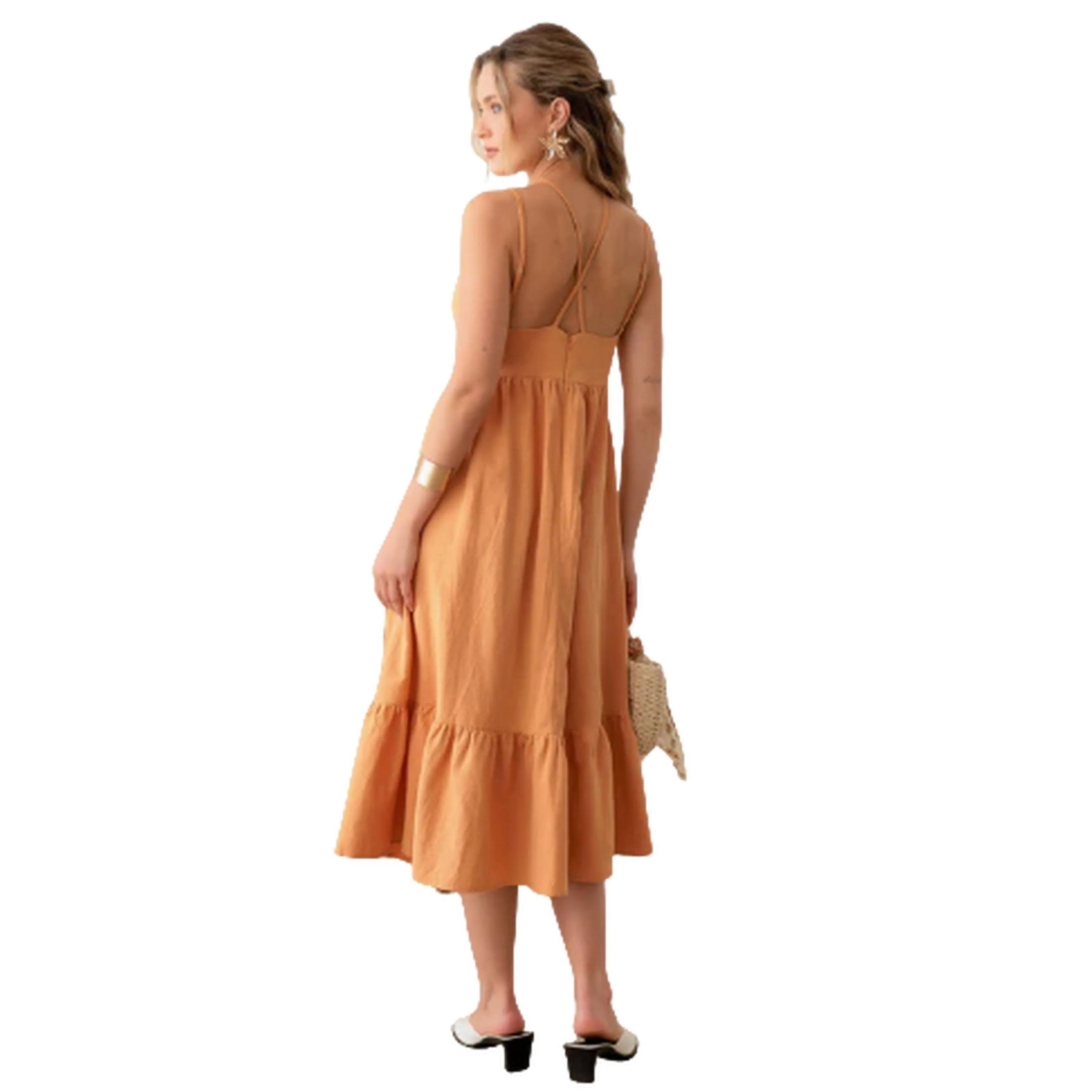Linen Double Spaghetti Tiered Midi Dress