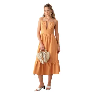 Linen Double Spaghetti Tiered Midi Dress