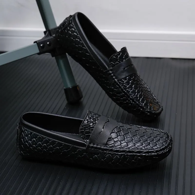 Loafers for Men Square Toe Vegan Leather Stone Pattern Penny Loafers Flat Heel Anti-Slip Lightweight Wedding Fashion Slip-ons