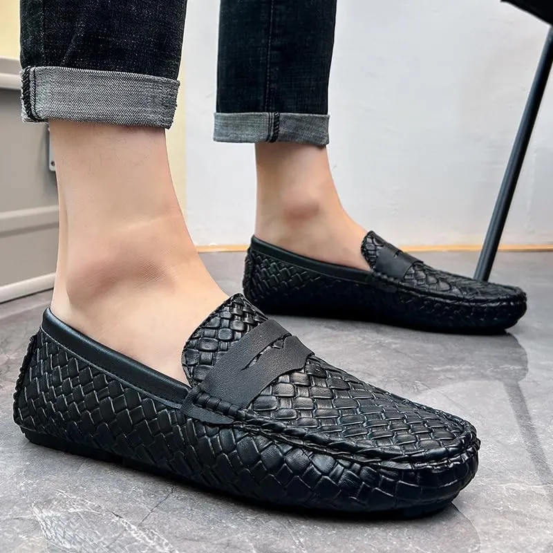 Loafers for Men Square Toe Vegan Leather Stone Pattern Penny Loafers Flat Heel Anti-Slip Lightweight Wedding Fashion Slip-ons