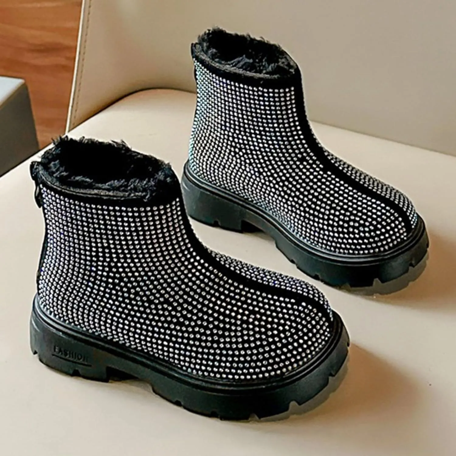 Low Heel Plush Mini Snow Boots for Toddler Kids, Girls Cozy Fleece Fr Lined Zip Up Classic Toddler Girl Shoes Size 6