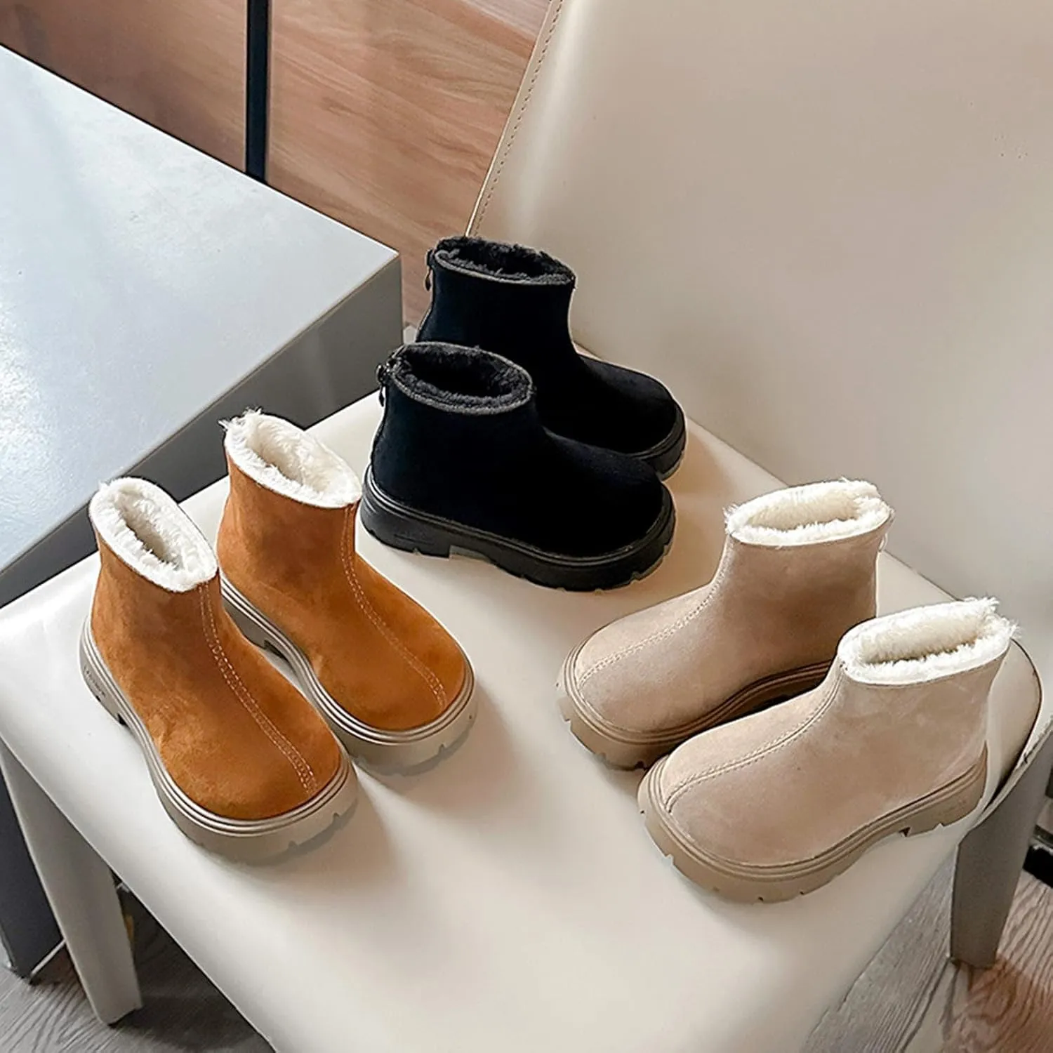 Low Heel Plush Mini Snow Boots for Toddler Kids, Girls Cozy Fleece Fr Lined Zip Up Classic Toddler Girl Shoes Size 6