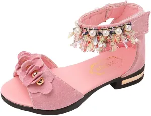 Low Heels Open Toe Princess Sandal Bohemian Sandals For Girls Children Shoes Thick High Heeled Sandals Fashionable Small High Heeled Flower Pearl