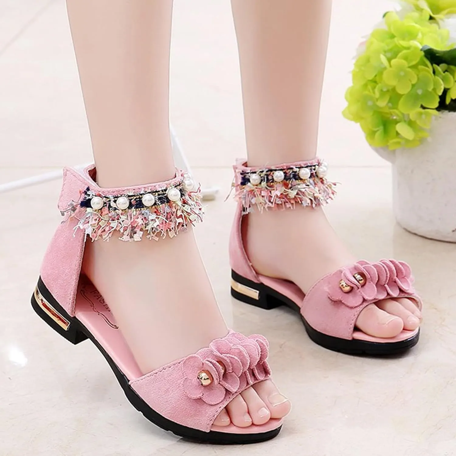 Low Heels Open Toe Princess Sandal Bohemian Sandals For Girls Children Shoes Thick High Heeled Sandals Fashionable Small High Heeled Flower Pearl