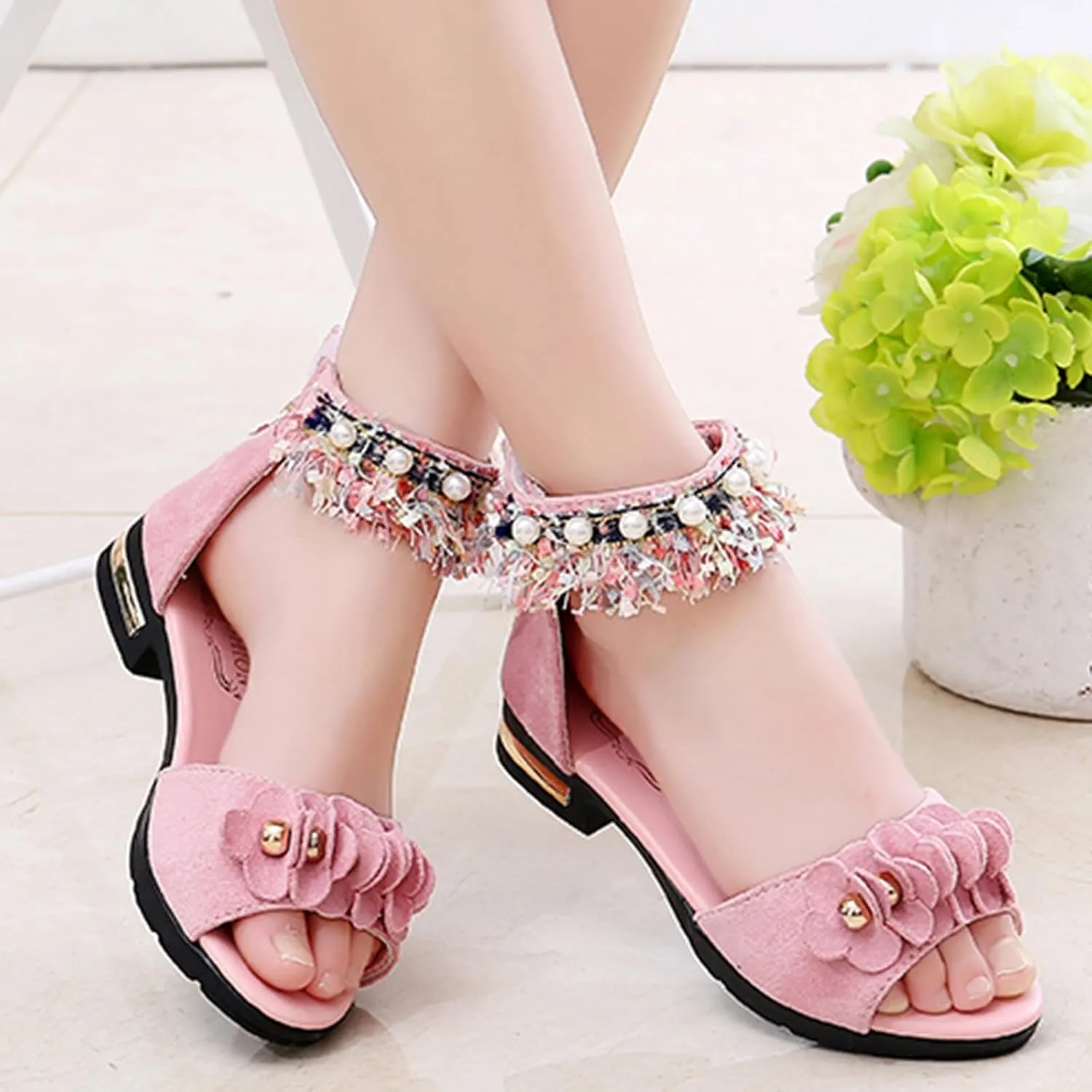 Low Heels Open Toe Princess Sandal Bohemian Sandals For Girls Children Shoes Thick High Heeled Sandals Fashionable Small High Heeled Flower Pearl