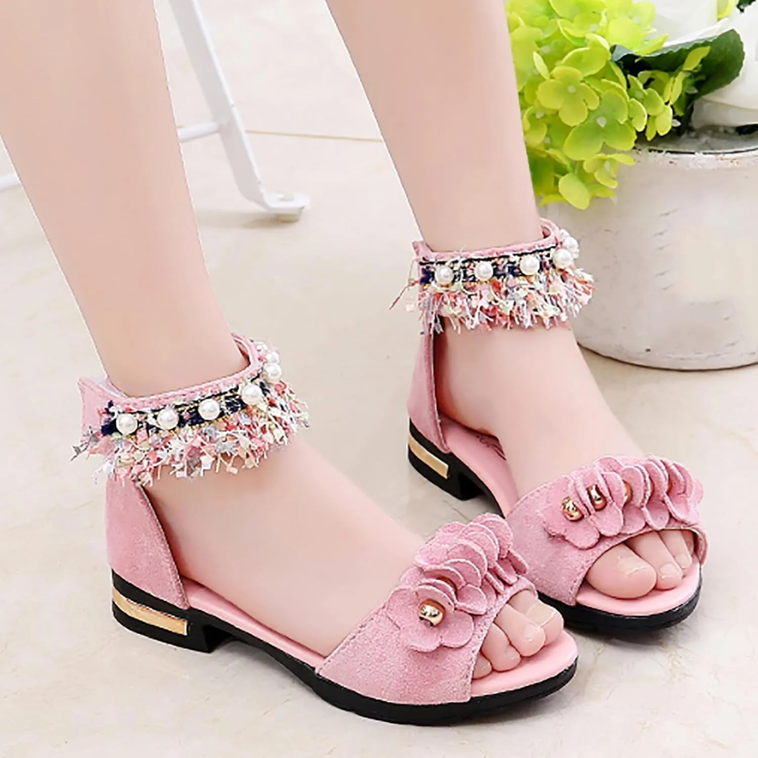 Low Heels Open Toe Princess Sandal Bohemian Sandals For Girls Children Shoes Thick High Heeled Sandals Fashionable Small High Heeled Flower Pearl