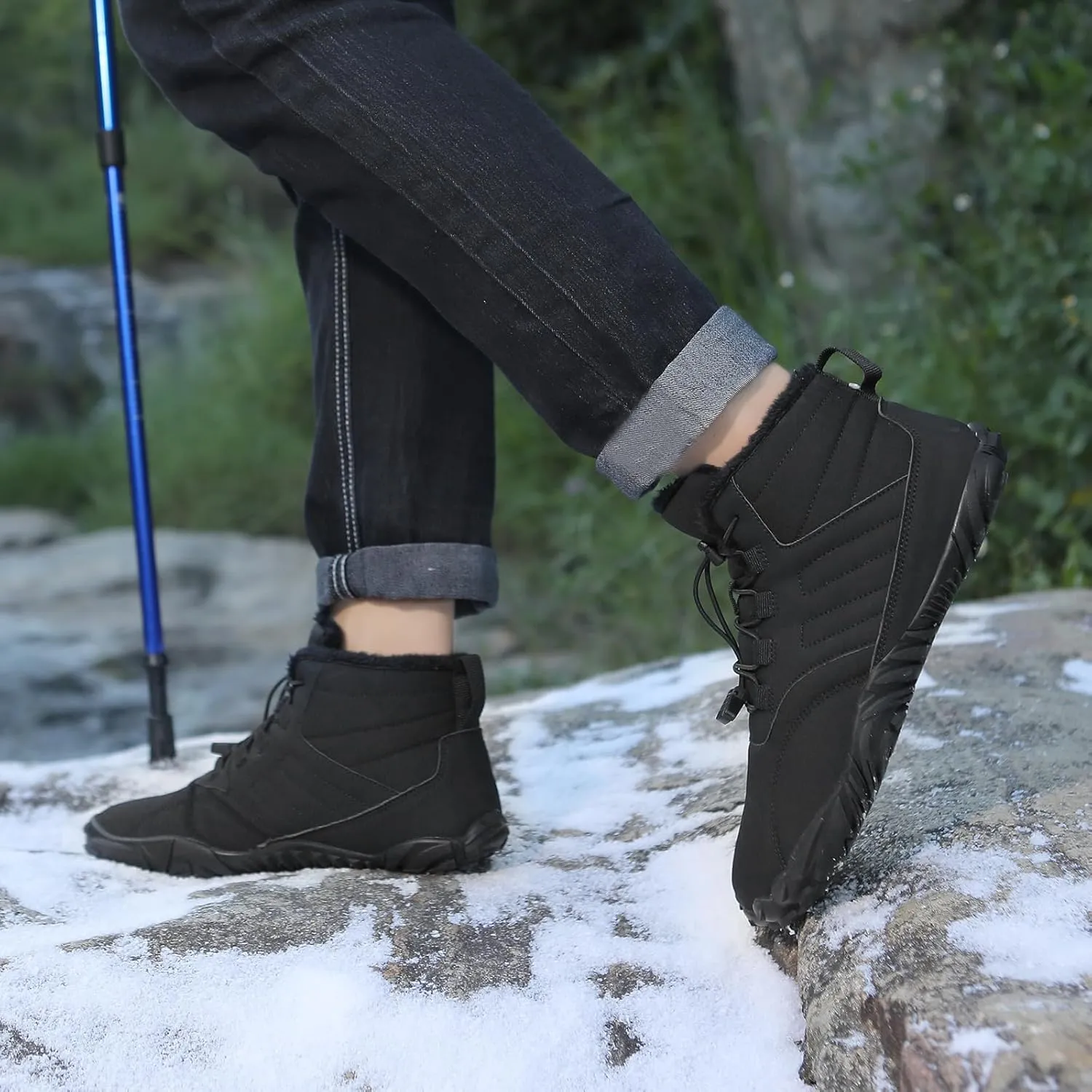 Men's & Women's Winter Barefoot Hiking Boots, Zero Drop, Waterproof, Wide Toe Box, Slip-On, Lightweight Fur Lining, Ankle Booties, Ideal for Hiking, Walking, Trail Running, Snow Adventures, Unisex