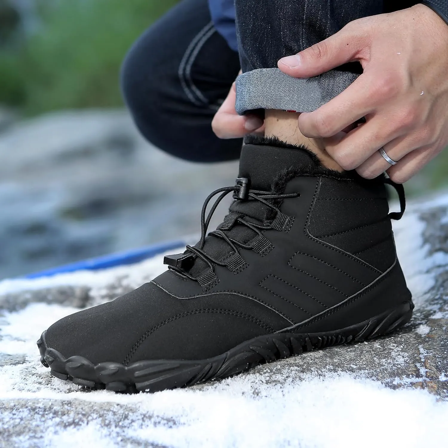 Men's & Women's Winter Barefoot Hiking Boots, Zero Drop, Waterproof, Wide Toe Box, Slip-On, Lightweight Fur Lining, Ankle Booties, Ideal for Hiking, Walking, Trail Running, Snow Adventures, Unisex