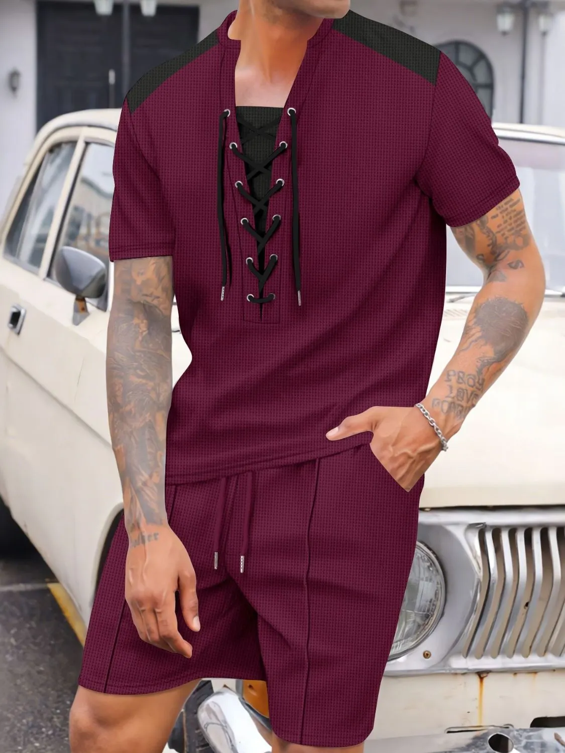 Men's Full Size Lace-Up Waffle Knit Top and Shorts Set Plus Size