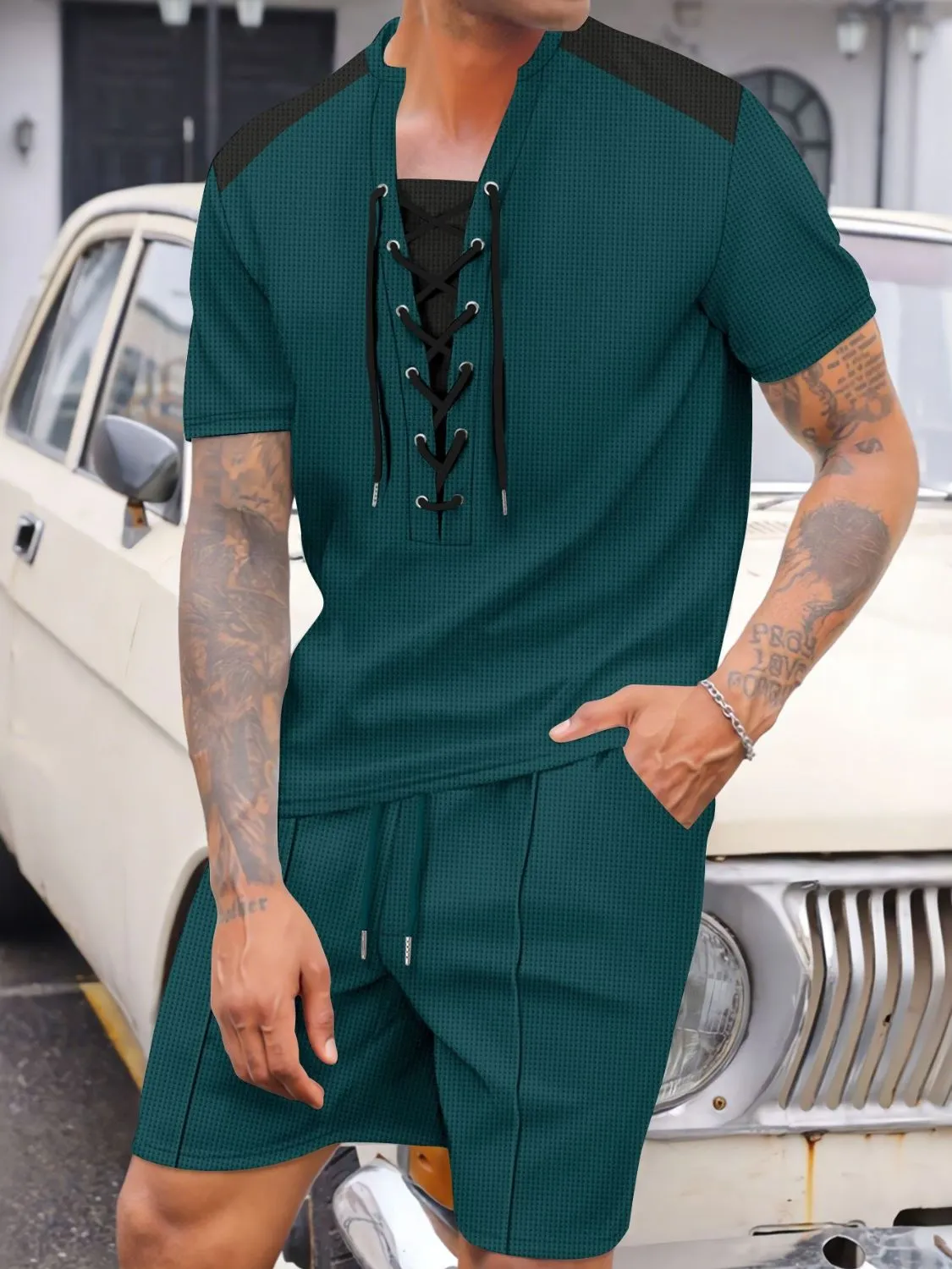 Men's Full Size Lace-Up Waffle Knit Top and Shorts Set Plus Size