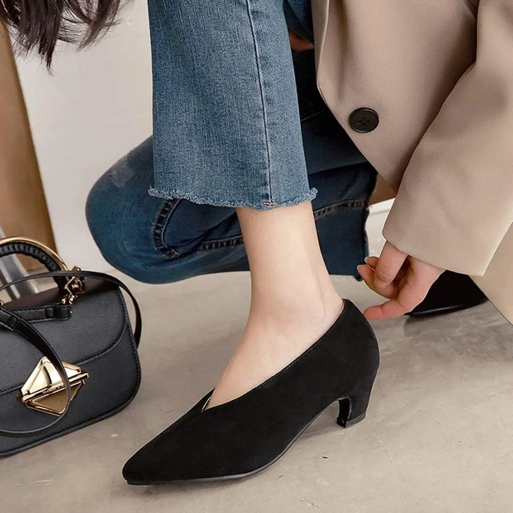 MIOKE Women's Classic Pointed Toe Comfy Kitten Low Heel Pumps Slip On Suede Daily Office Work Dress Shoes