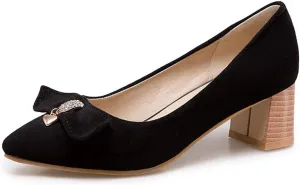 MIOKE Women's Pointed Toe Chunky Block Mid Heel Pump Suede Tassel Slip-On Loafer Casual Office Dress Shoes
