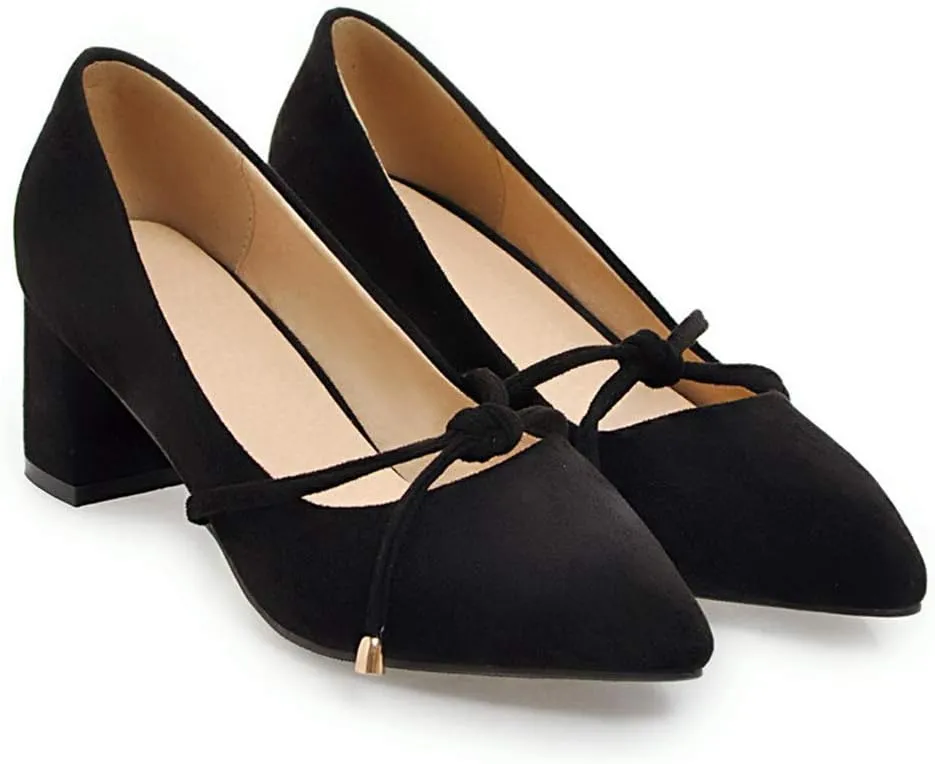 MIOKE Women's Pointed Toe Chunky Mid Block Heel Pump Suede Tassel Slip-On Loafer Casual Office Dress Shoes