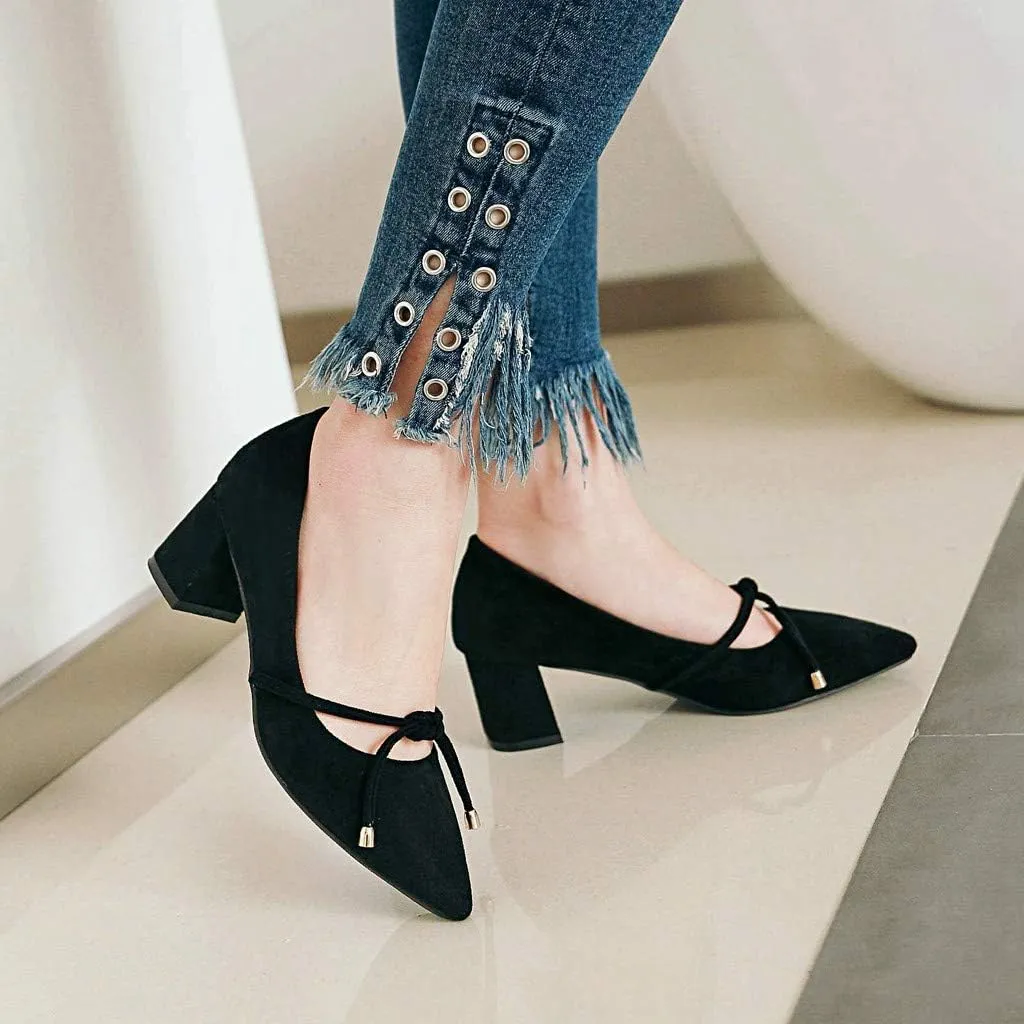 MIOKE Women's Pointed Toe Chunky Mid Block Heel Pump Suede Tassel Slip-On Loafer Casual Office Dress Shoes