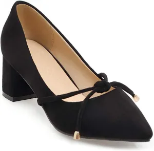 MIOKE Women's Pointed Toe Chunky Mid Block Heel Pump Suede Tassel Slip-On Loafer Casual Office Dress Shoes