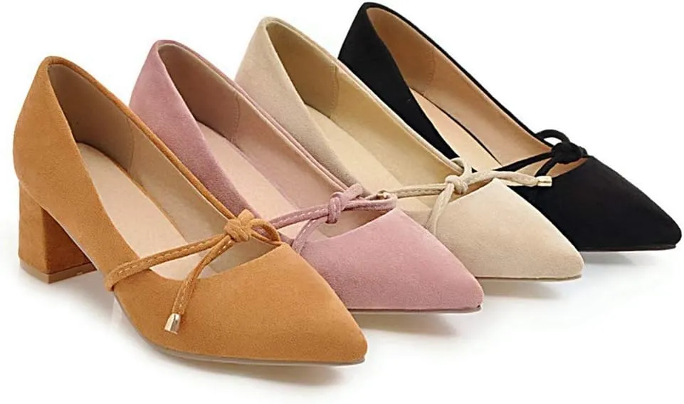 MIOKE Women's Pointed Toe Chunky Mid Block Heel Pump Suede Tassel Slip-On Loafer Casual Office Dress Shoes