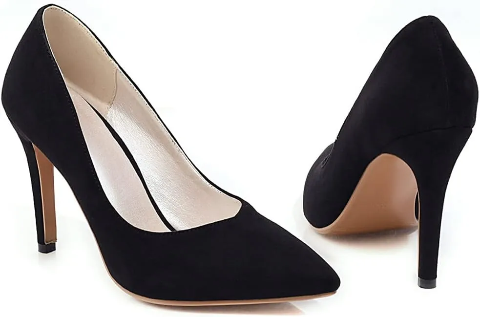 MIOKE Women's Pointed Toe Kitten Mid Heel Pumps Suede Slip On Comfort Stilettos Work Office Dress Shoes