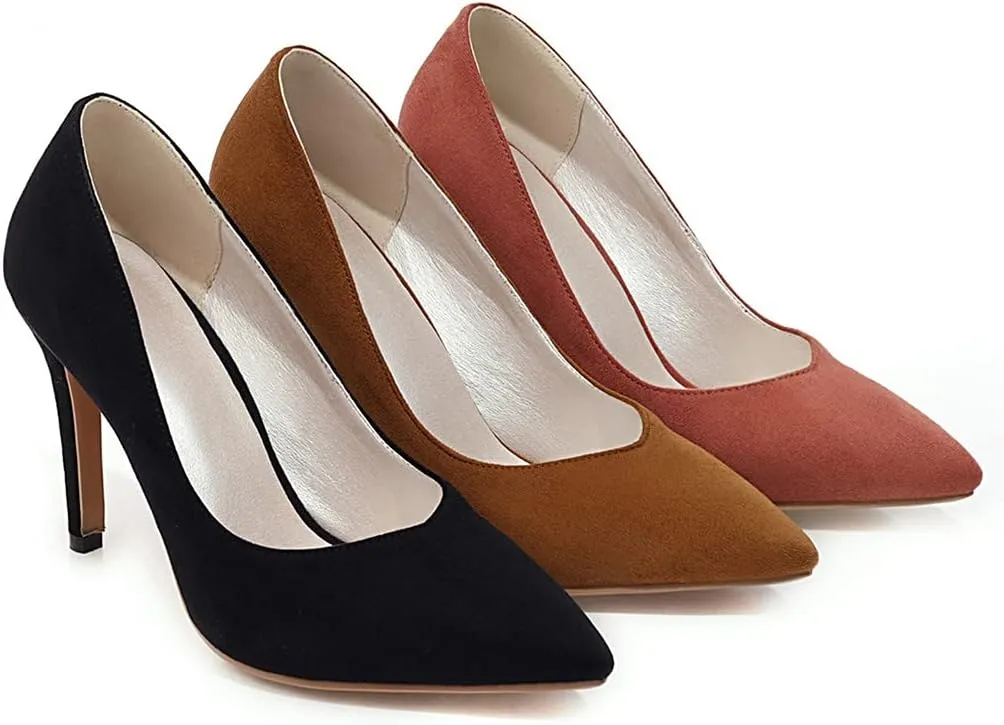 MIOKE Women's Pointed Toe Kitten Mid Heel Pumps Suede Slip On Comfort Stilettos Work Office Dress Shoes