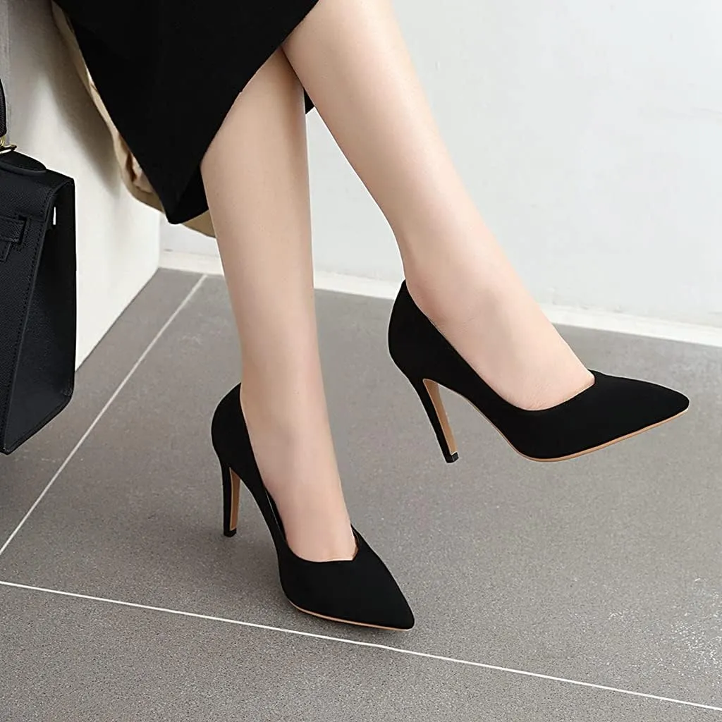 MIOKE Women's Pointed Toe Kitten Mid Heel Pumps Suede Slip On Comfort Stilettos Work Office Dress Shoes