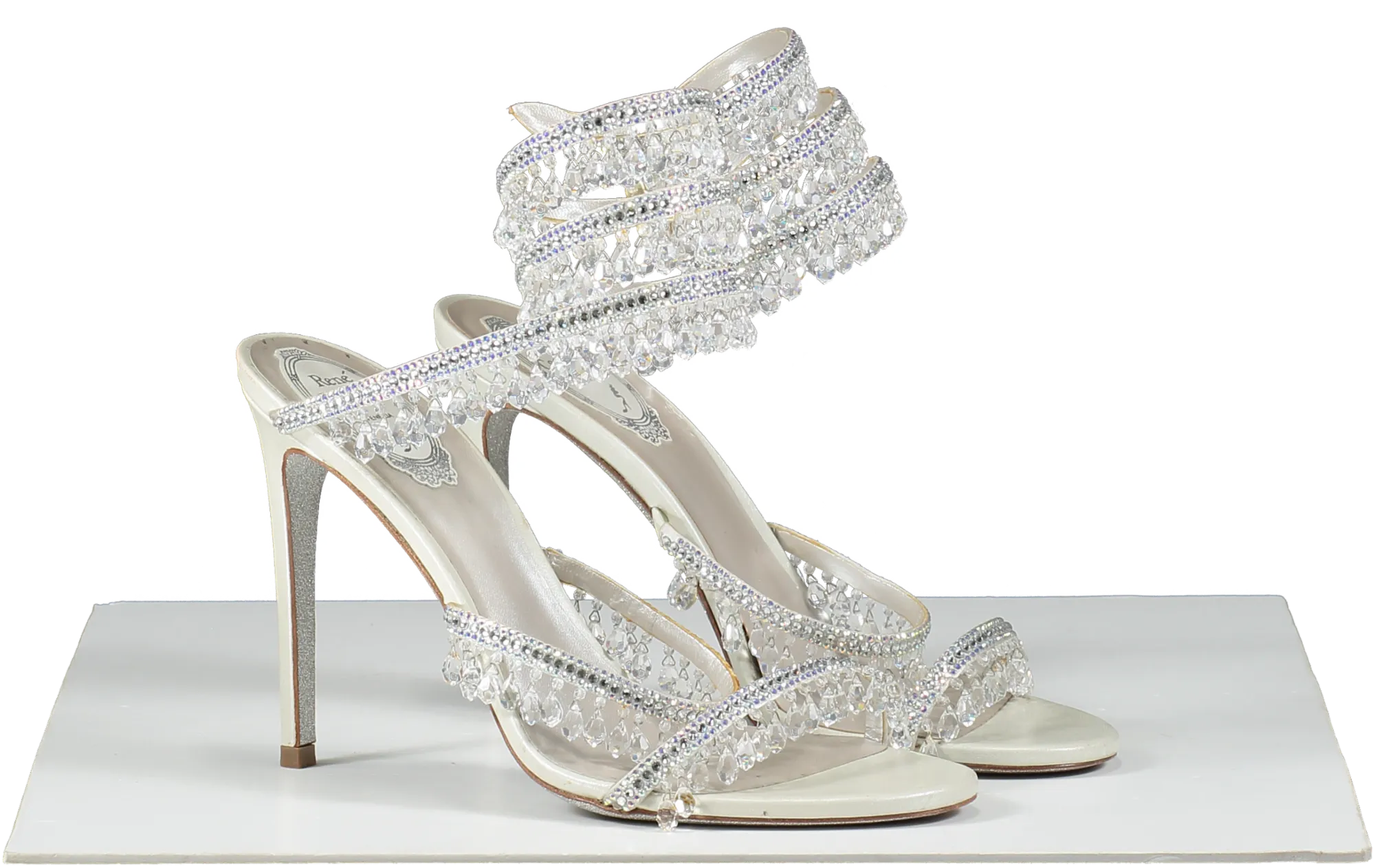 Ren Caovilla White Chandelier Bead-embellished Leather Heeled Sandals UK 5.5 EU 38.5 