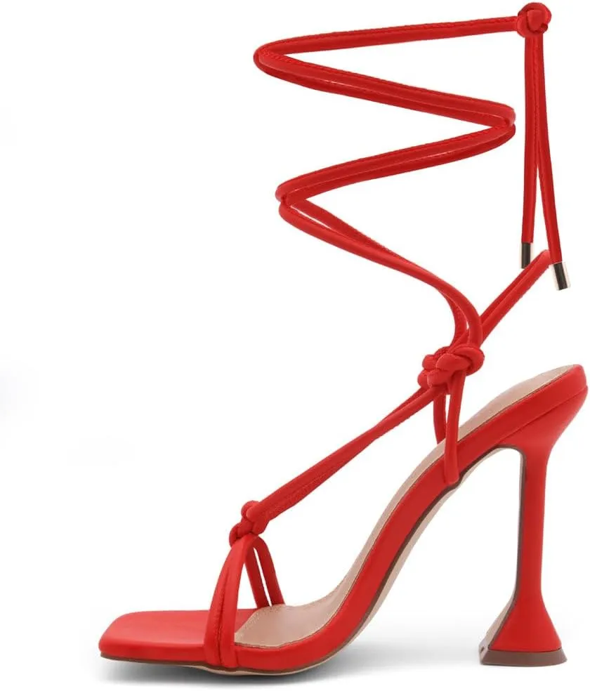 Shoe Land SL-Melody Women's Lace-Up Heels, Dressy Strappy High Heel Sandals, Square Open Toe with Tie-Up Ankle Wrap  Stiletto Heels for Prom, Party, and Wedding