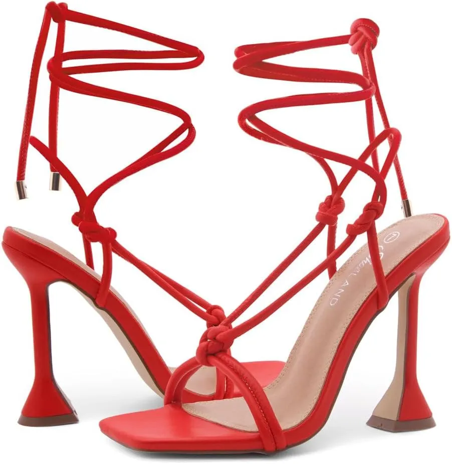 Shoe Land SL-Melody Women's Lace-Up Heels, Dressy Strappy High Heel Sandals, Square Open Toe with Tie-Up Ankle Wrap  Stiletto Heels for Prom, Party, and Wedding
