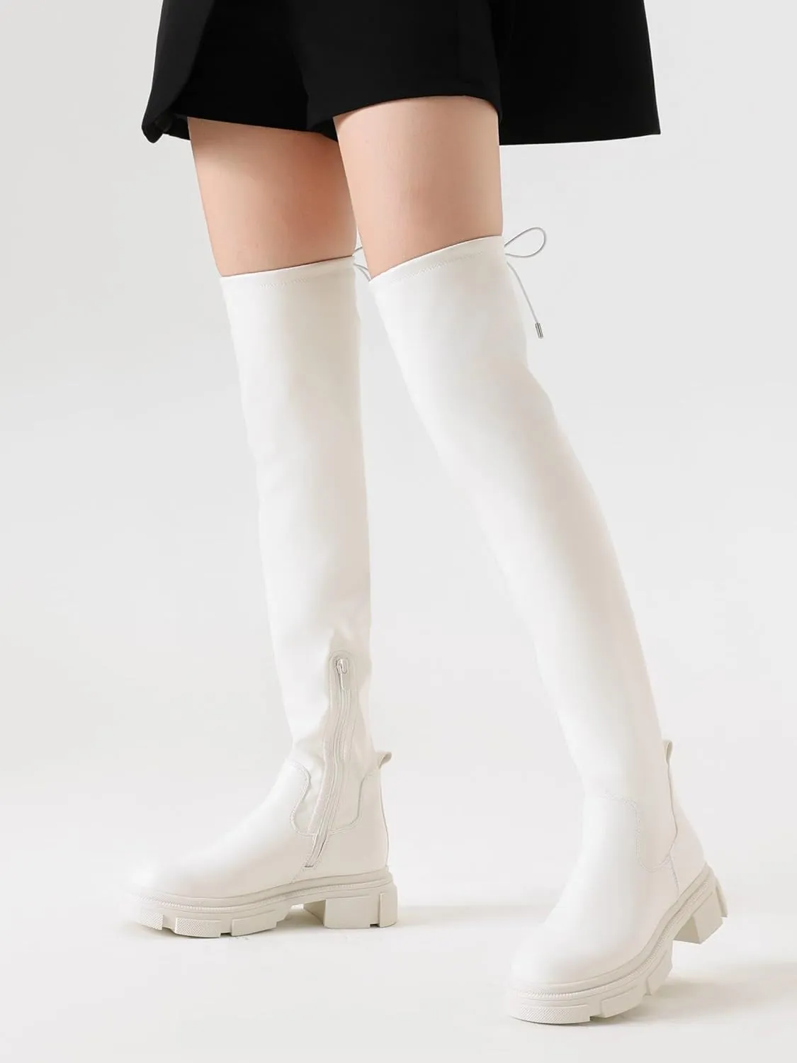 Shoe'N Tale Thigh High Knit Sock Boots Round Toe Mid Chunky Heel Stretch Over the Knee Boots for Women