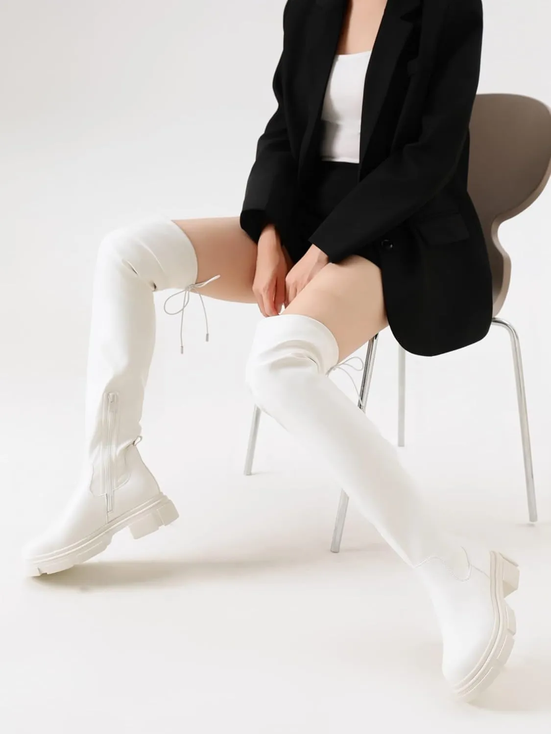 Shoe'N Tale Thigh High Knit Sock Boots Round Toe Mid Chunky Heel Stretch Over the Knee Boots for Women