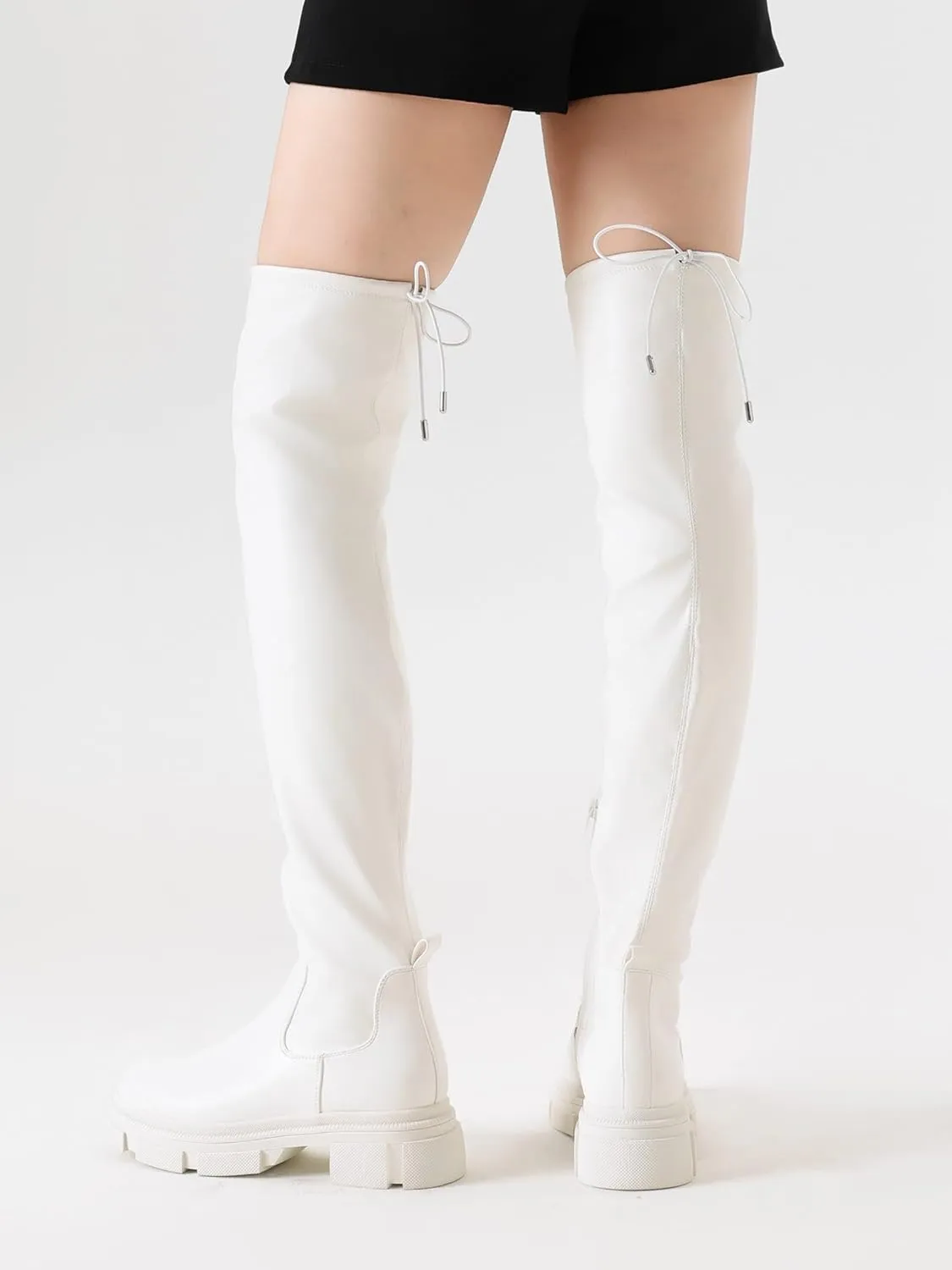Shoe'N Tale Thigh High Knit Sock Boots Round Toe Mid Chunky Heel Stretch Over the Knee Boots for Women