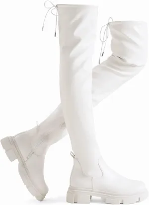 Shoe'N Tale Thigh High Knit Sock Boots Round Toe Mid Chunky Heel Stretch Over the Knee Boots for Women