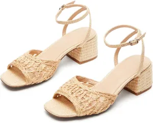 SOVANYOU Raffia Heeled Sanldas for Women Woven Strappy Heels Square Open Toe Block Chunky Heels Dress Shoes for Wedding