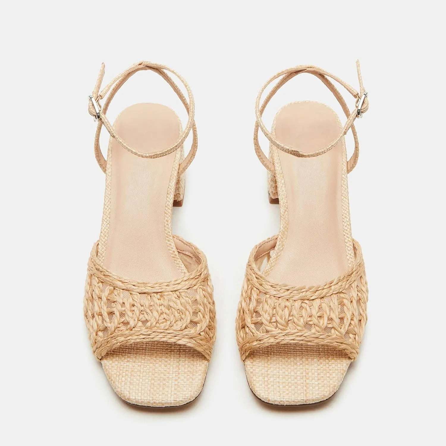 SOVANYOU Raffia Heeled Sanldas for Women Woven Strappy Heels Square Open Toe Block Chunky Heels Dress Shoes for Wedding