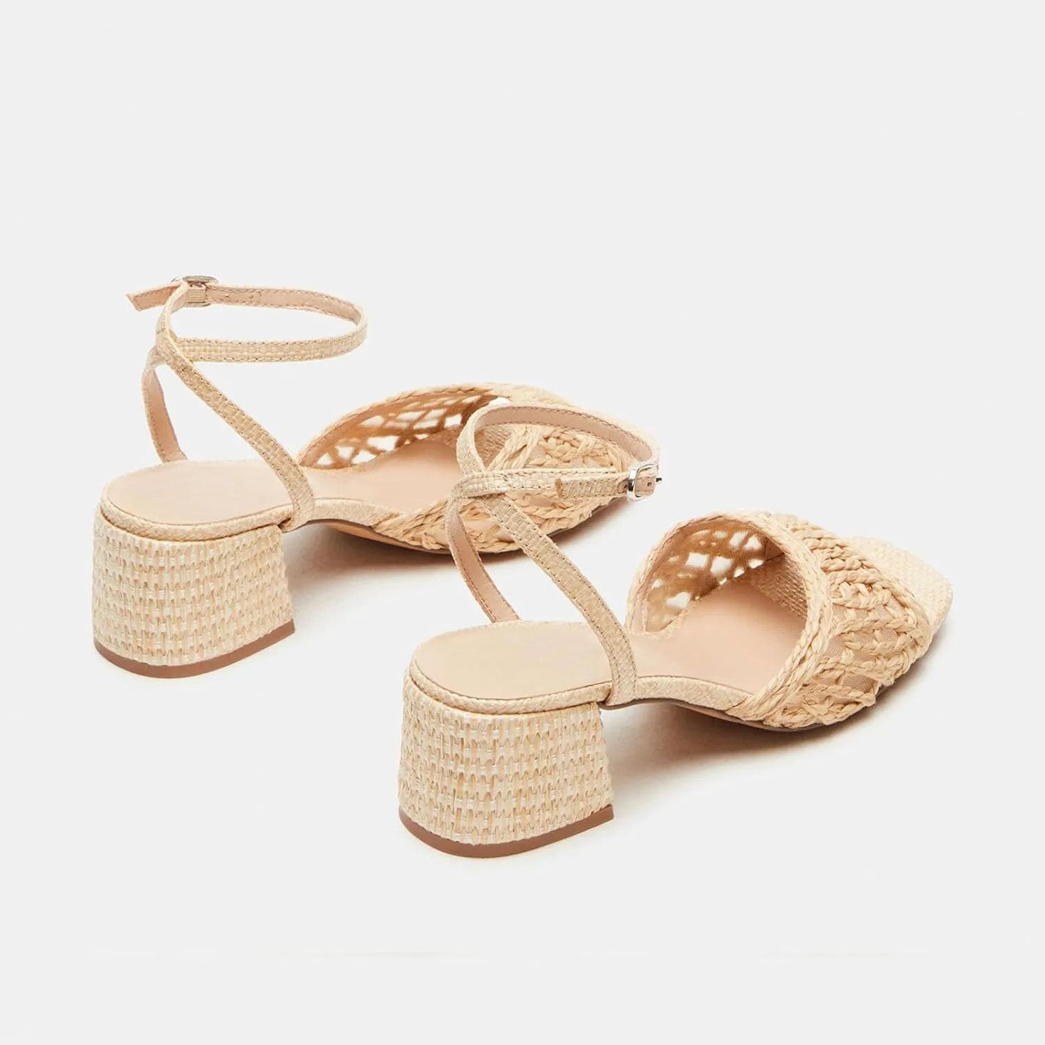 SOVANYOU Raffia Heeled Sanldas for Women Woven Strappy Heels Square Open Toe Block Chunky Heels Dress Shoes for Wedding