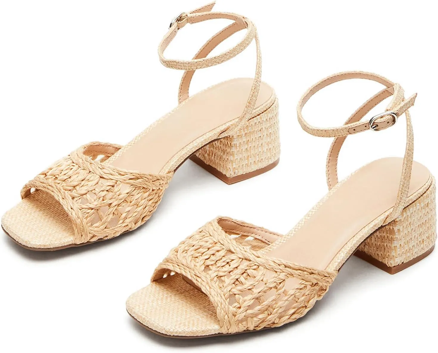 SOVANYOU Raffia Heeled Sanldas for Women Woven Strappy Heels Square Open Toe Block Chunky Heels Dress Shoes for Wedding