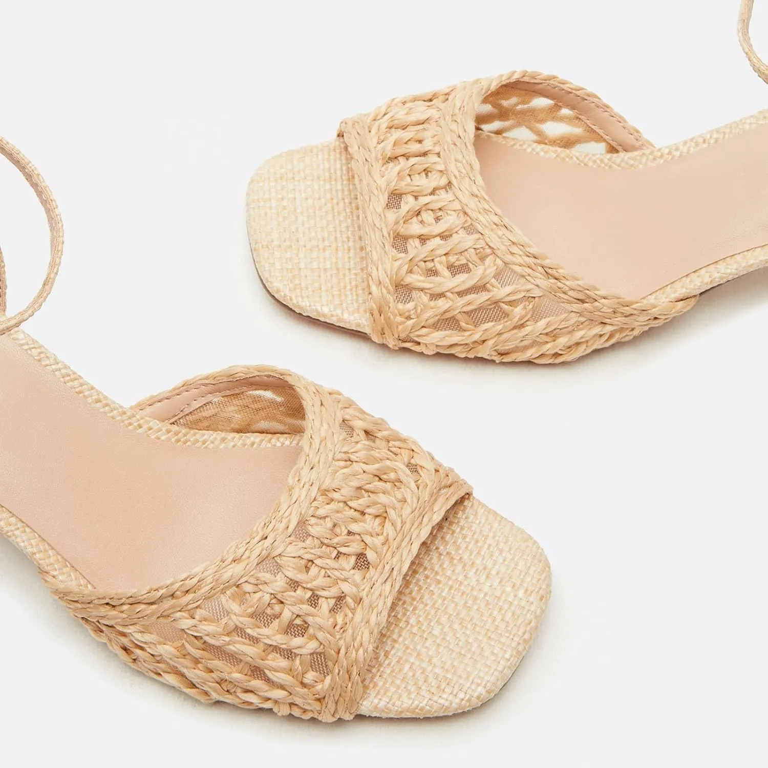 SOVANYOU Raffia Heeled Sanldas for Women Woven Strappy Heels Square Open Toe Block Chunky Heels Dress Shoes for Wedding