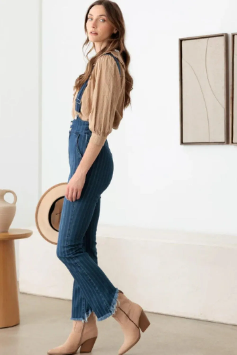 Striped Pattern Stretched Suspender Denim Jumpsuit