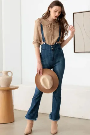 Striped Pattern Stretched Suspender Denim Jumpsuit