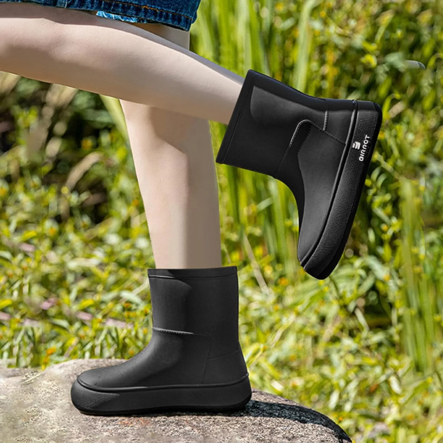Tmore Womens Rain Boots Waterproof Rubber Boots Fashion Mid Calf Garden Shoes Slip on Rainboots with Comfort Insoles Lightweight Outdoor Work Boots