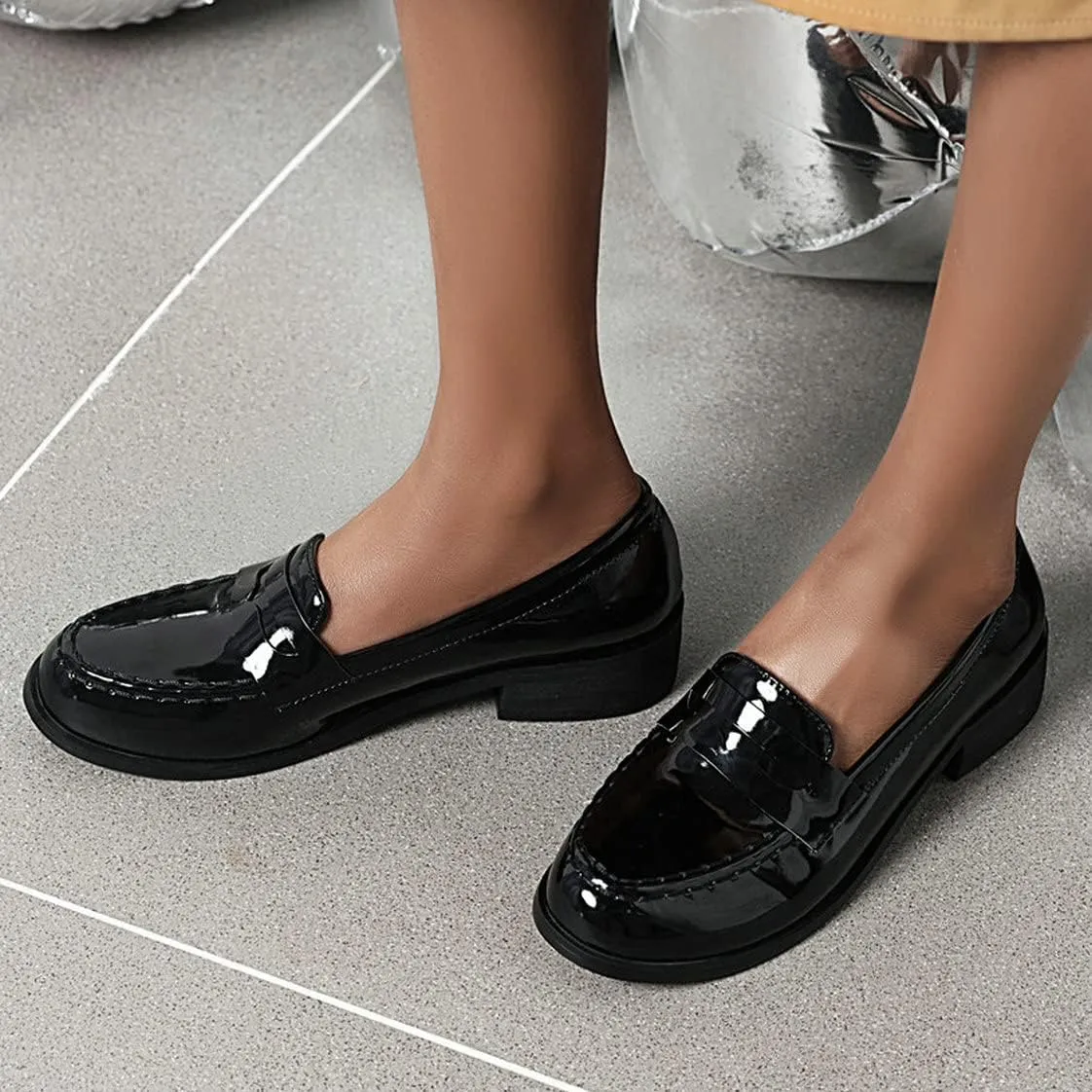 UniqueStride Womens Loafers Flat Shoes Patent Leather Platform Low Chunky Heel Classic Round Toe Pumps