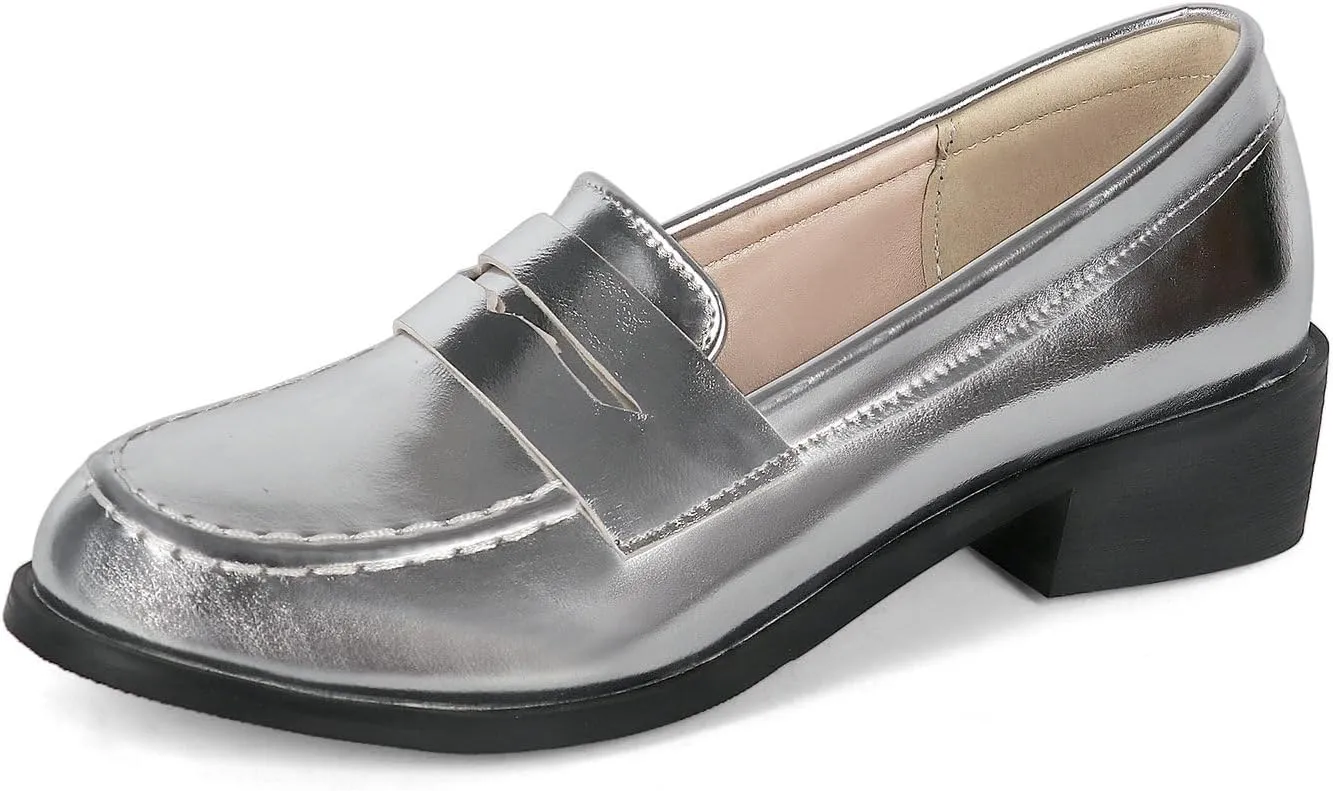 UniqueStride Womens Loafers Flat Shoes Patent Leather Platform Low Chunky Heel Classic Round Toe Pumps